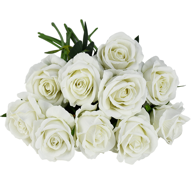 10 stk real touch rose blomster flannel blomster buket enkelt hoved rose kunstige blomster bundt til bryllup dekoration boligindretning: F01
