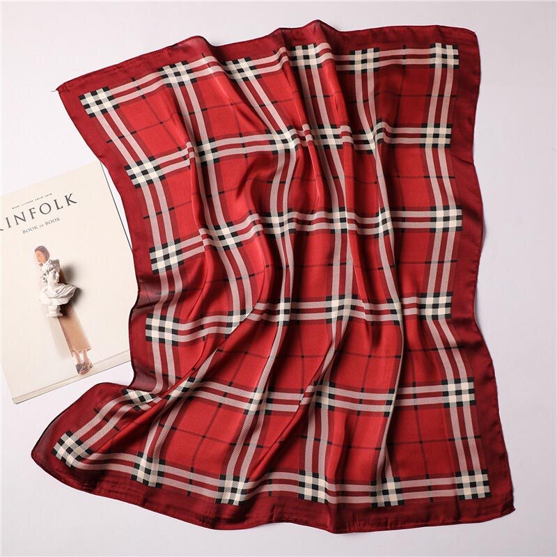 Foulard en soie de marque de luxe, foulard carré imprimé à carreaux, accessoires en satin pour sacs, foulards, foulard en mousseline de soie, hijab, bandana: 003