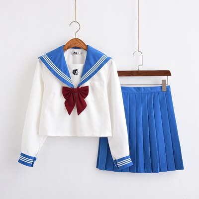 Japanese School Uniform For Girls Sailor Tops+Tie+Skirt Navy Style Students Clothes For Girl Plus size Lala Cheerleader clothing: Long sleeve suit / XL