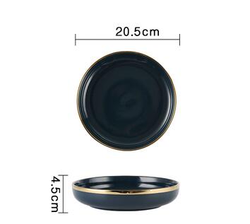 Ensemble de dîner en céramique de luxe couleur bleu foncé ou rose: assiette de dîner + assiette d'accent + bols + cuillère adge en or: 8inch deep dark blue