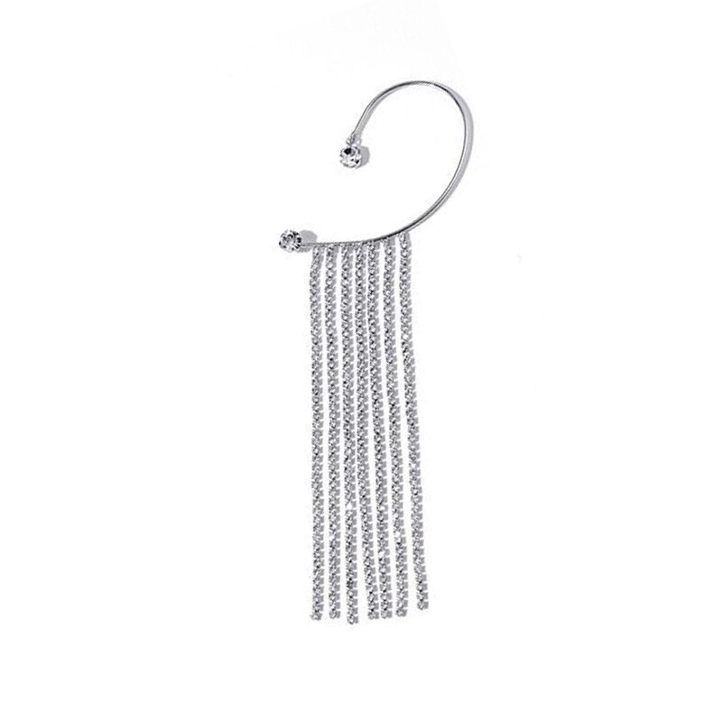 FLASHBUY singolo nuovo coreano orecchini di strass lungo lucido nappa esagerata orecchio appeso orecchini a Clip per le donne gioielli da sposa: Silver-Left ear