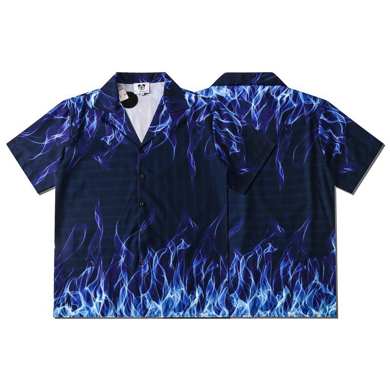 Blue Flame Print Shirts Men Streetwear Hip Hop Mens Hawaiian Shirt Harajuku Summer Beach Shirt Hawaii Tops Short Sleeve