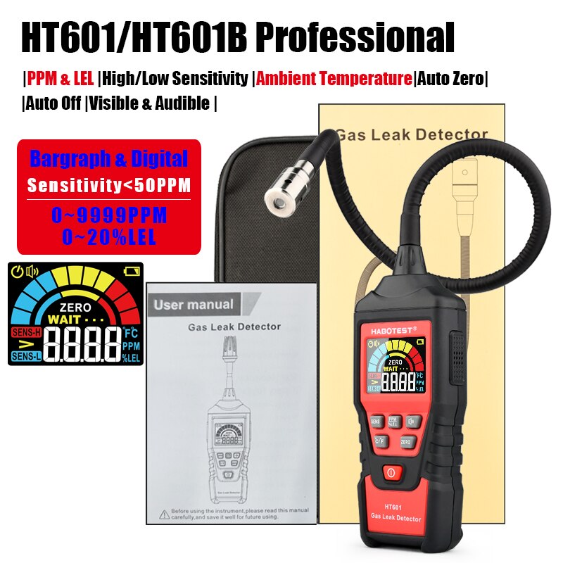 HABOTEST HT601 Combustible Gas Leak Detector 9999 PPM Meter Flammable Natural Analyzer Tester Sound Light Alarm LCD Color: HT601 Professional