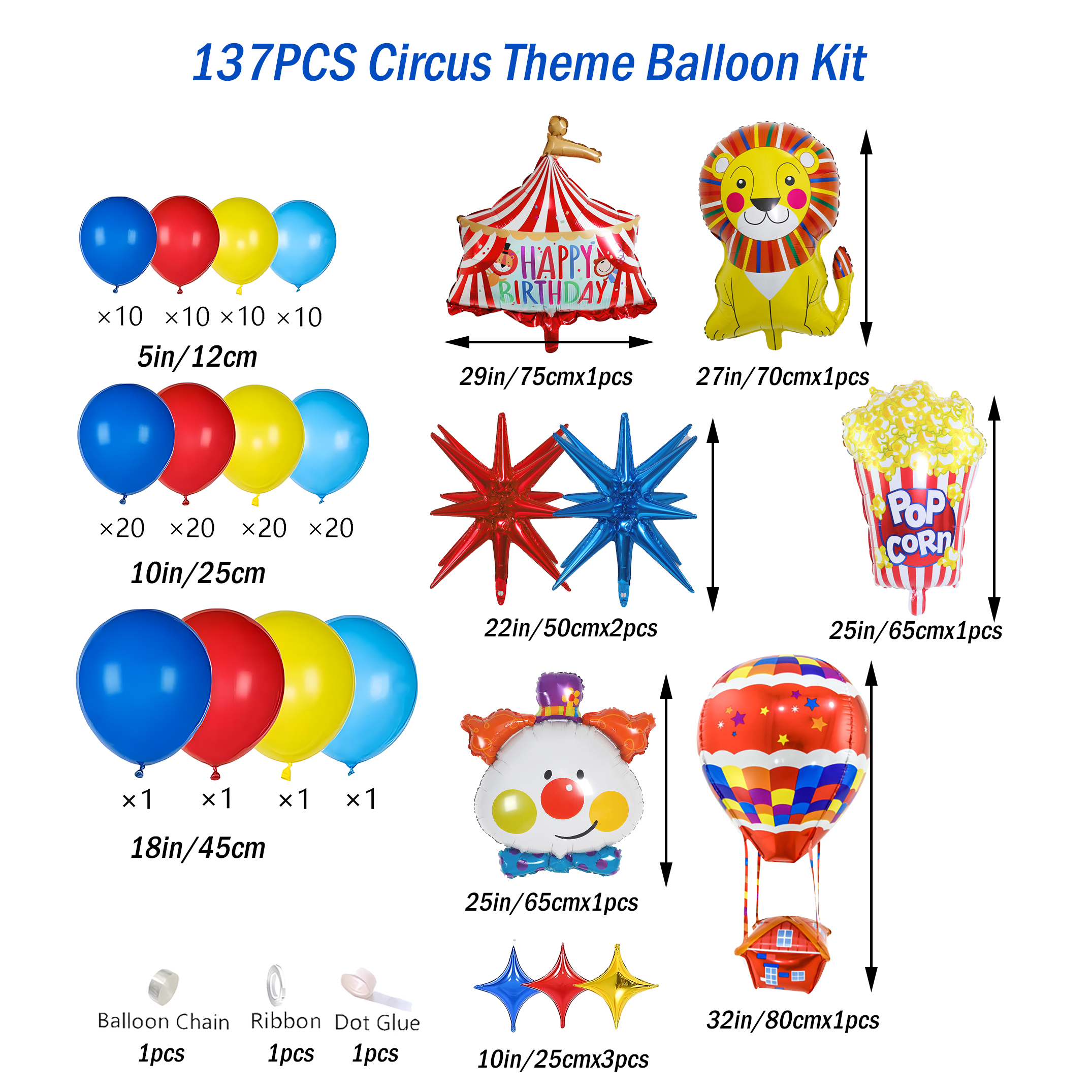 Juego de globos temáticos de circo, corona roja, azul, amarilla, león y palomitas de maíz y decoraciones para de cumpleaños de payaso con globos aerostáticos