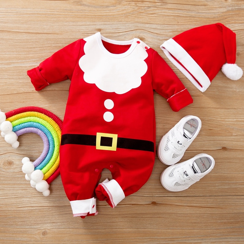 PatPat Autumn and Winter 2-piece Baby Santa Christmas Jumpsuit with Hat Set Baby Boy Clothing