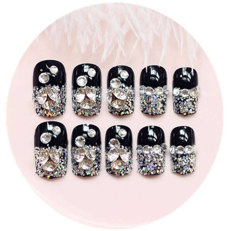 24 stuks zwarte nepnagels met strass steentjes, kunstnagels met glitter, dubbelzijdige tape, bruiloftsaccessoires: Default Title
