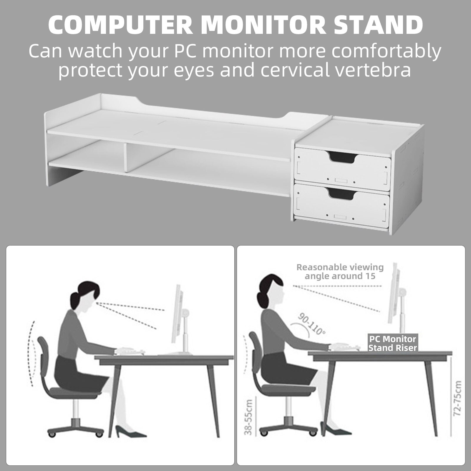 Besegad Pc Computer Monitor Stand Riser Laptop Houder Houten Bureau Organisator Plank Met Dubbele Lade Voor Home Office Desktop