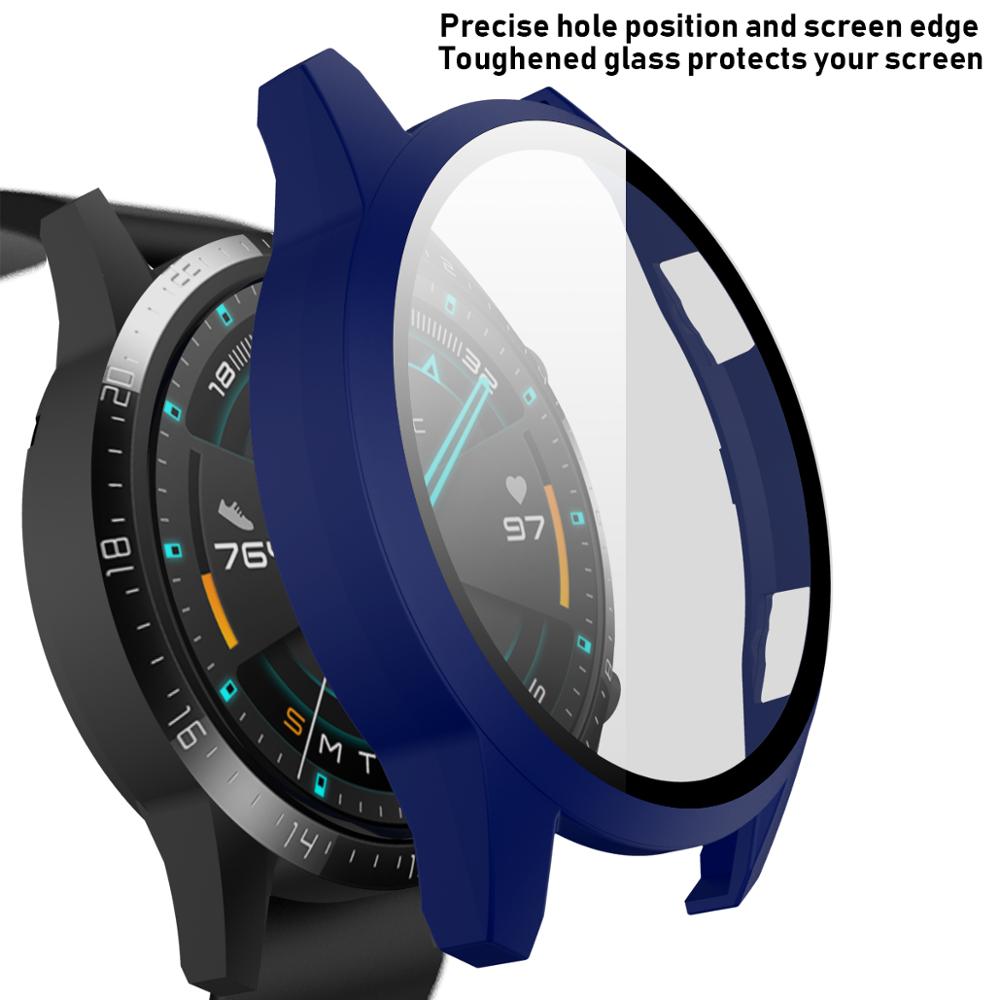 Tempered glass Film Case For Huawei watch GT2 46mm 42mm full Screen protector matte case for huawei Gt 2 42mm cover watch bumper: midnight blue / for huawei gt 2 46mm