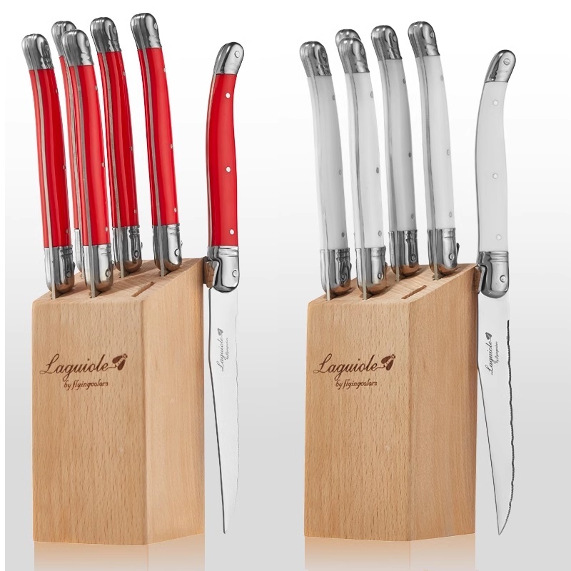Conjunto de facas de bife de aço inoxidável, 6 peças/7 peças, facas de bife laguiole com suporte de madeira, faca de jantar de aço colorida, conjunto de talheres de natal