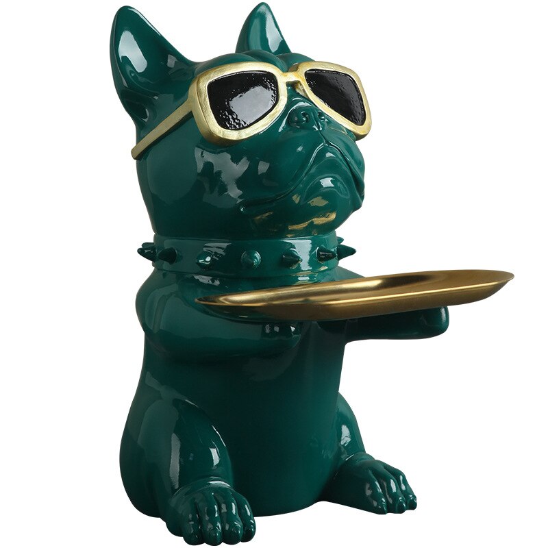 Escultura de Bulldog Francés nórdico, estatua de perro, llave, joyería, almacenamiento, decoración de mesa, con vasos de plata