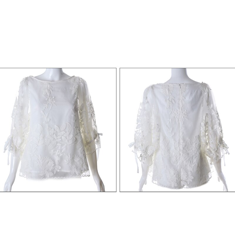 Mujer Primavera Verano cuello redondo media manga volantes encaje flor blusa bordado Shivering Chiffon señora ropa blanca FS0518