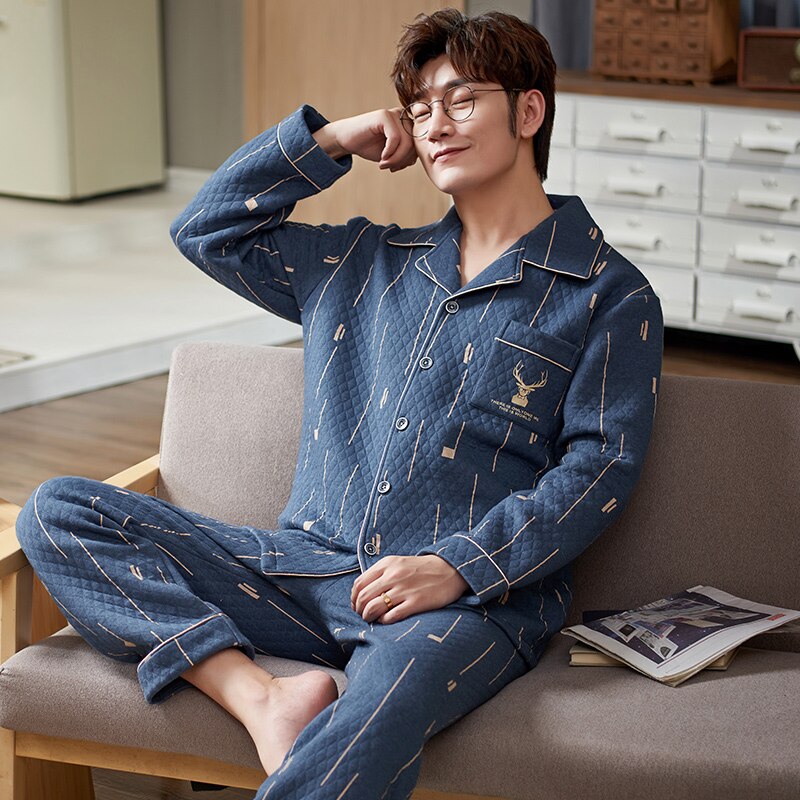 Winterpyjama, dikke 3- laags katoenen pyjama, lange mouw, casual, zachte warme herenpyjama: Xxxl