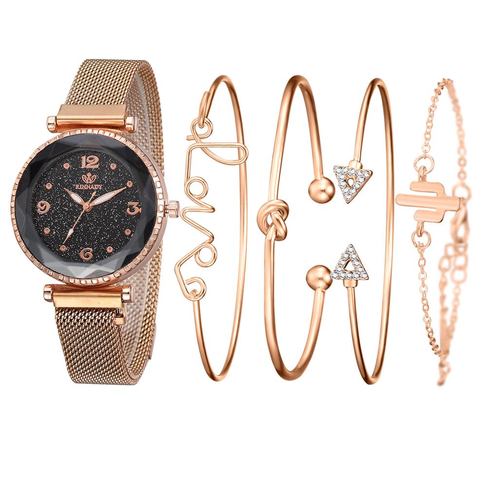 5 pièce/ensemble de luxe femmes montres ciel étoilé aimant boucle Bracelet montre-Bracelet chiffre romain Simple horloge