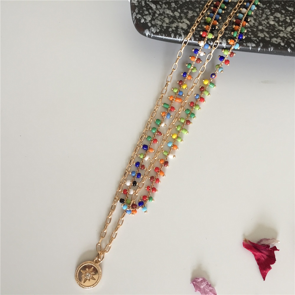 Chic Women Girl Pendant Necklace Gold Color Colorful Bead Europe Style Layered Necklace Christmas