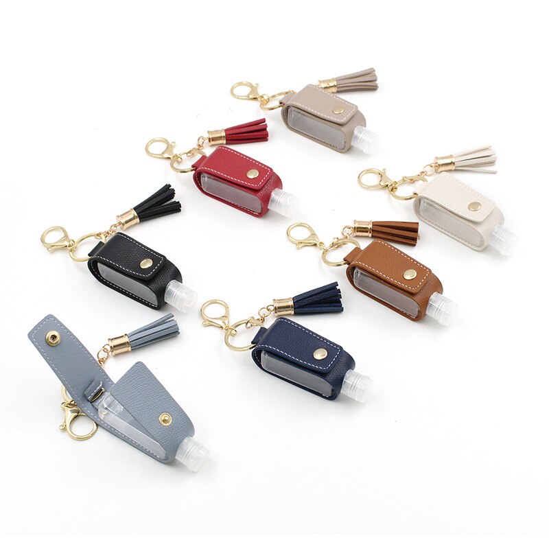 30ml Hand Sanitizer Holder Plastic Travel Bottle Refillable Container Reusable Bottle with Tassel Leather Keychain Carrier