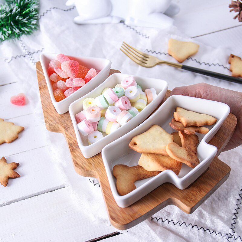 Plato de cerámica con forma del árbol de Navidad para el hogar, aperitivos, frutos secos, platos de frutas secas, bandeja de desayuno, para niños