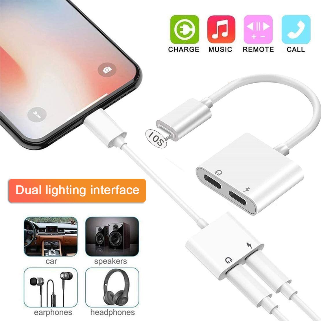Adapter Splitter 2 in 1 Dual Lightning Charging Cable Audio Adapter Converter Charging Call Music Control for iPhone Headphones