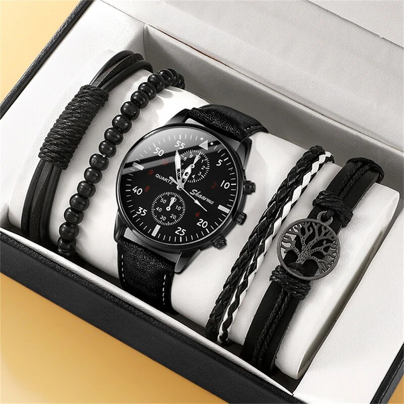 5 Stück einstellen Herren Sport uhren Mann Geschäft Quarz Armbanduhr Luxus Leder Armbinde Männer lässig Uhr Uhr: Schwarz