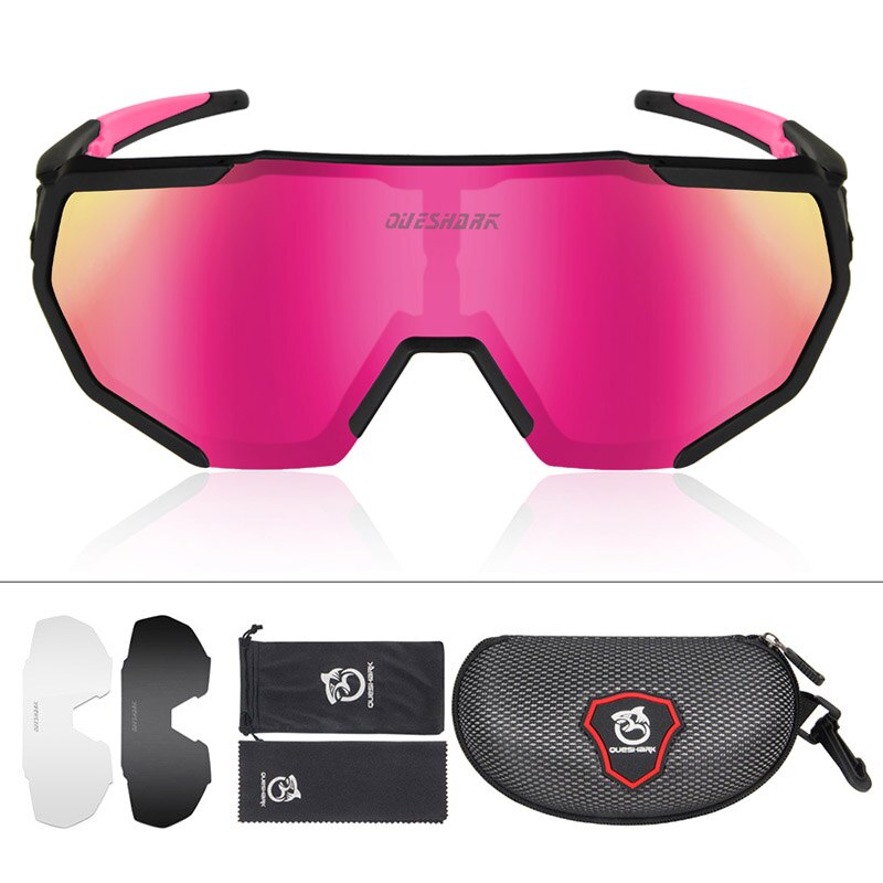 Queshark polariserede cykelbriller til mænd kvinder cykelbriller cykelsolbriller 3 linse spejlede  uv400 beskyttelsesbriller mtb: Sort lyserød