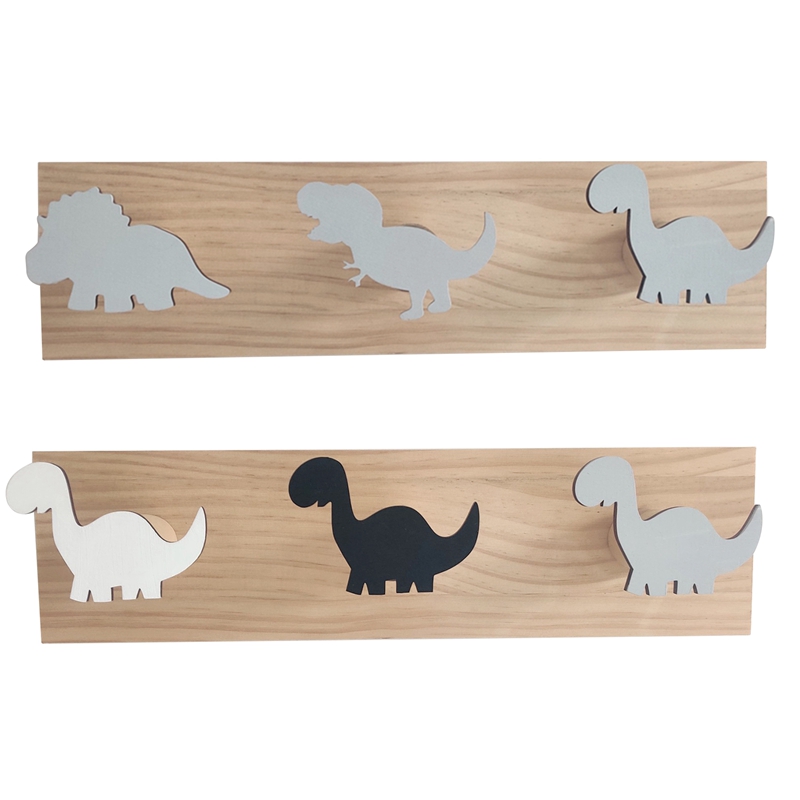 Perchero de madera con de dinosaurio para niños, colgador para colgar en la pared, para abrigos, decoración de dormitorio y sala de juegos, 2 piezas: Blanco