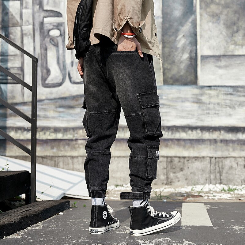 Pantalones vaqueros cargo estilo urbano de idopy para hombre, con puños en los tobillos, estilo hip hop, con múltiples bolsillos, estilo joggers de mezclilla, talla grande m -4xl