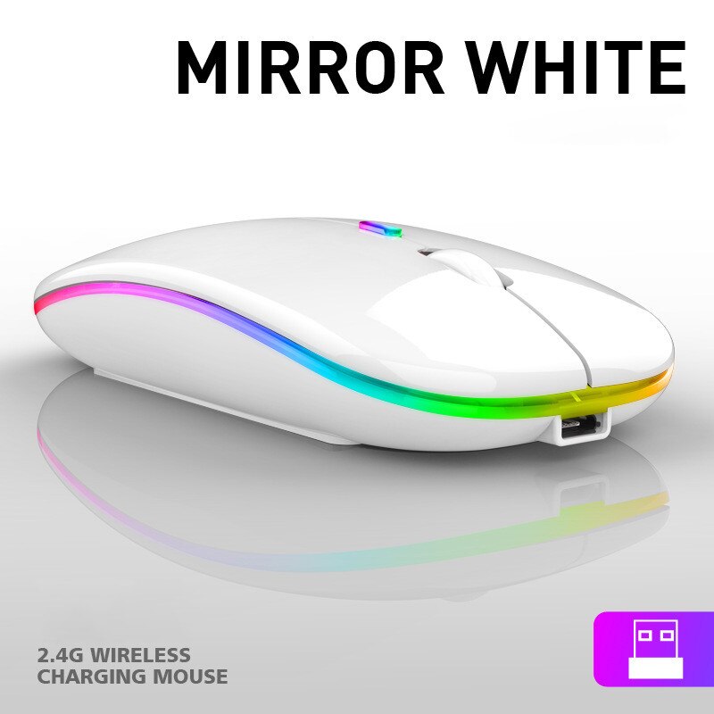 RGB Silent Wireless Mouse Dual Mode Bluetooth 5.0 + 2.4G Rechargable 1600DPI Ergonomic Computer Gaming Mouse For PC Laptop: White