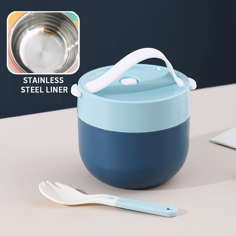 Portable Soup Cup Lunch Box Stainless Steel/Plastic Thermos Mug Food Container Thermal Cup Vacuum Bento Box With Spoon For Kids: B-Blue