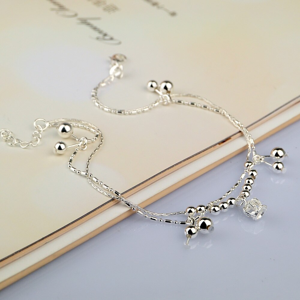 Doppelreihiges perlenketten-fußkettchen für damen, sommer-barfußsandalen, 925 silberne armbänder, boho-strand-fußschmuck