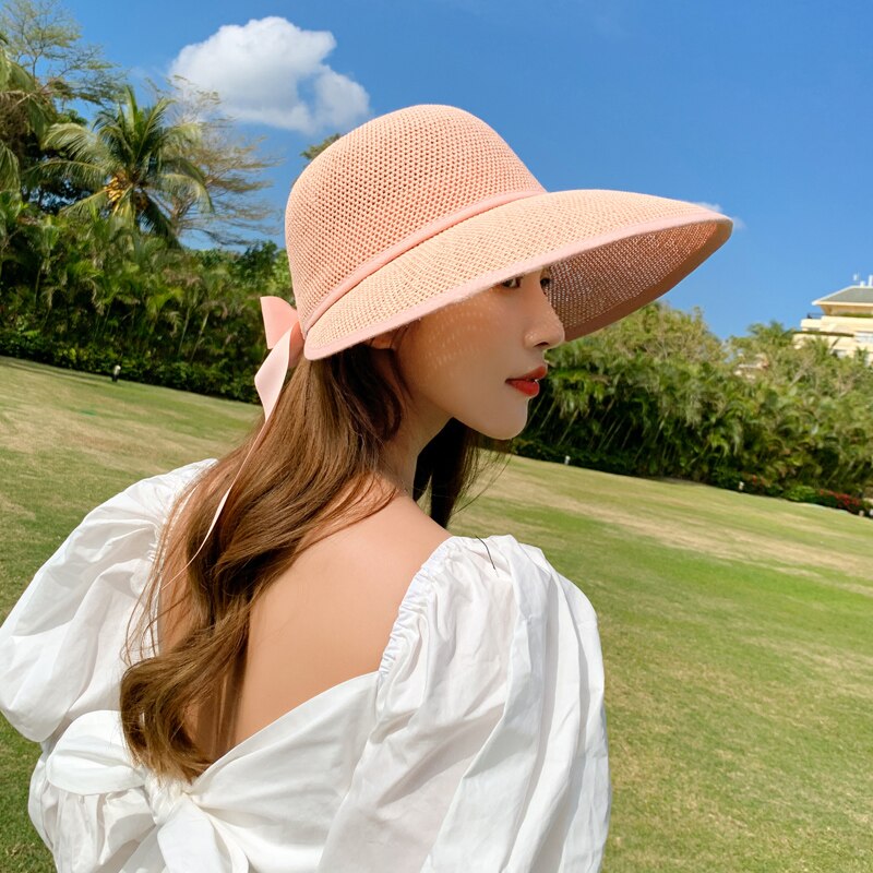 Sombrero de Sol de estilo coreano para mujer, sombrero de Sol de playa anti ultravioleta, ala grande, protector solar, de paja: Pink