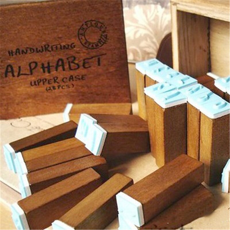 Set van 30 retro houten rubberen stempels met hoofdletters en kleine letters, ambachtelijke stempels voor scrapbooking