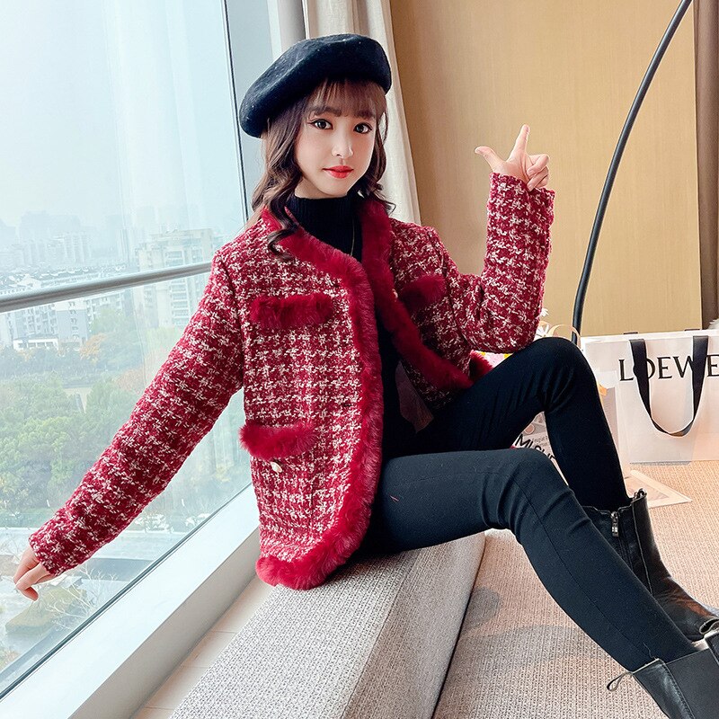 Cappotto per ragazze inverno 2021 nuovo piccolo profumo stile tweed trapuntato per bambini ispessito cappotto di natale e capodanno
