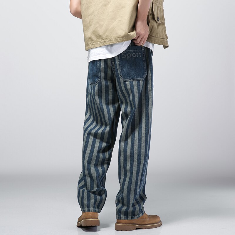 Pantalones vaqueros de rayas verticales para hombre, ropa de a la , con bolsillos grandes, holgados, elásticos, rectos, 2022