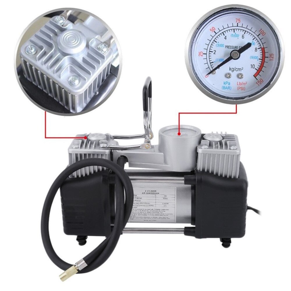 60l/min 300w 150psi compressor de ar do carro pneu 12v aço inoxidável duplo cilindro inflator alta potência bomba inflação do pneu carro