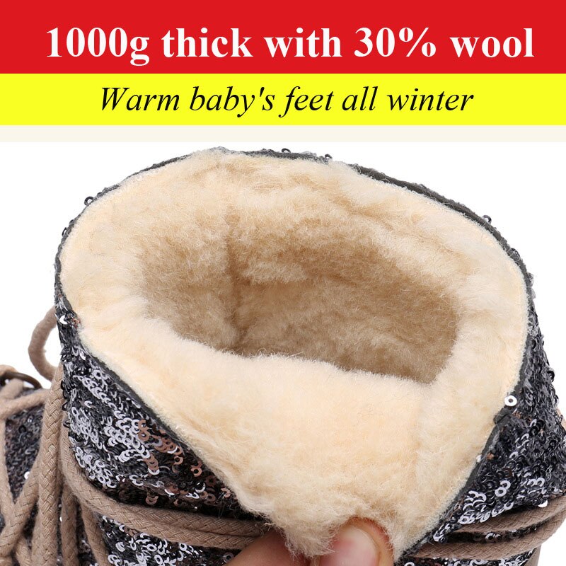 Ouder-kind warme wollen sneeuwlaarzen meisjes winterwarmte met fluwelen laarzen prinses pailletten korte skischoenen