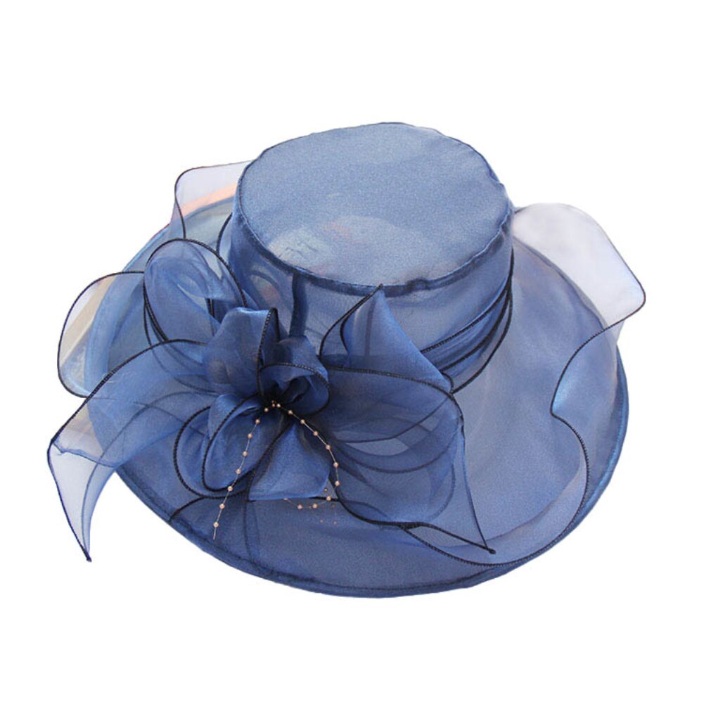 Sombreros elegantes de iglesia para mujer, gorros de fieltro de hilo de red Floral grande para mujer, sombreros de Sol de ala ancha de verano, gorros de fedora vintage: Dark Blue B