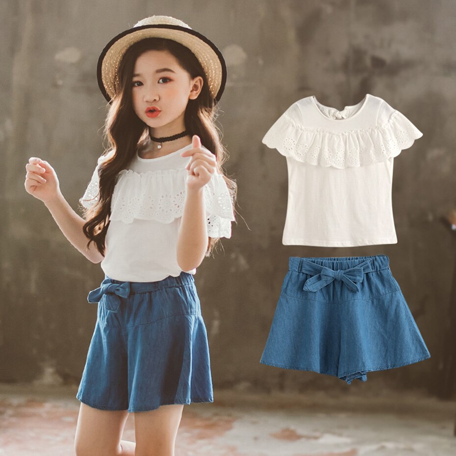 Kids Clothes Girls Lace Tshirt + Skirt Teenage Girls Clothing Summer Girls Clothes Casual Style Kid Clothes 6 8 10 12 14