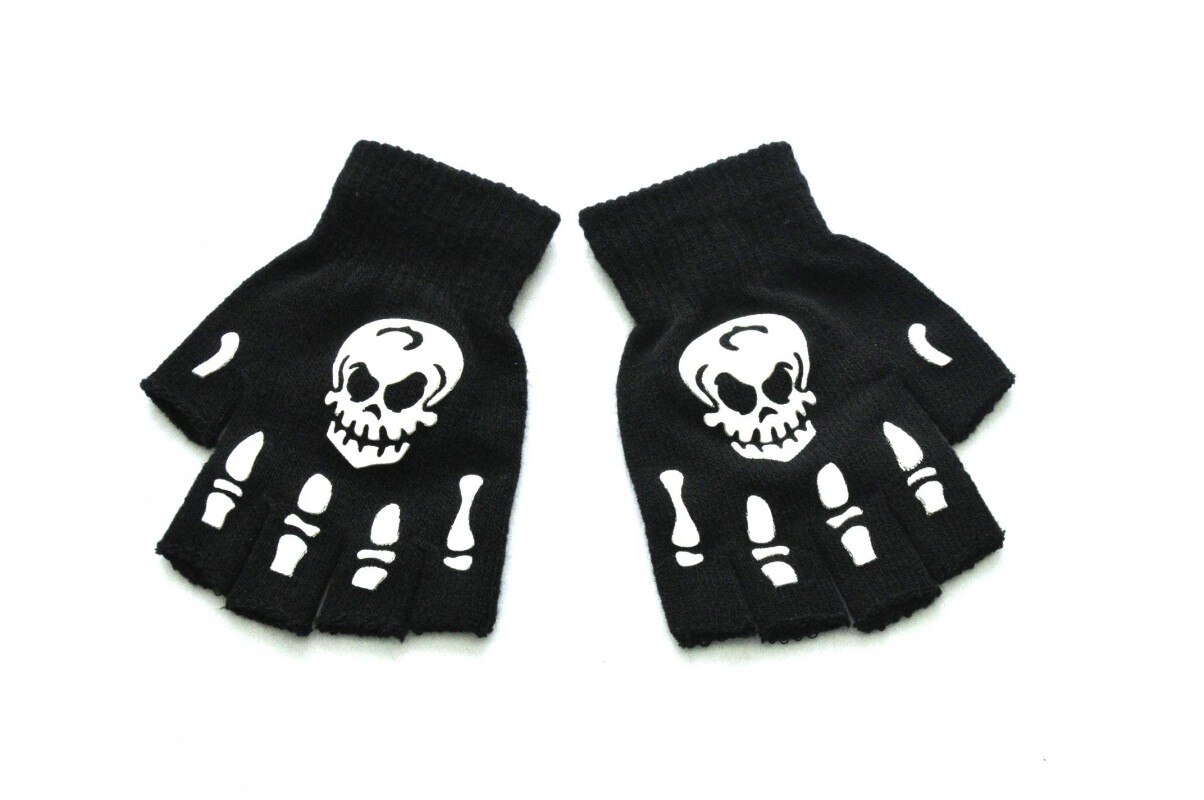 Unisex Adult Halloween Skeleton Skull Half Finger Gloves Glow In The Dark Fingerless Stretch Knitted Winter Mittens: 02