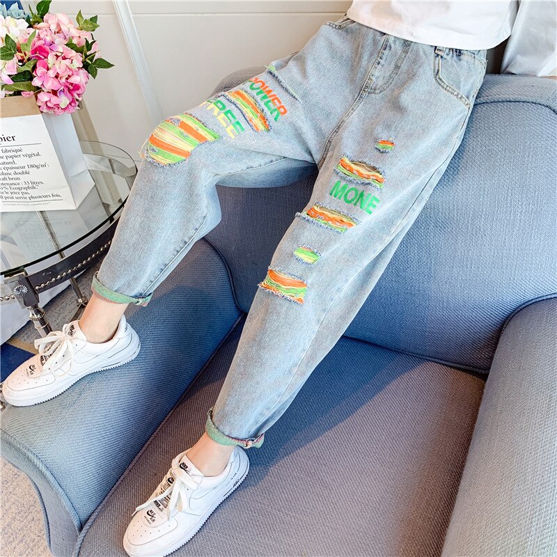 Pantalones vaqueros rasgados para niña, ropa de para niño y adolescente de 4, 6, 7, 9, 10, 12 años, azul, para estudiante