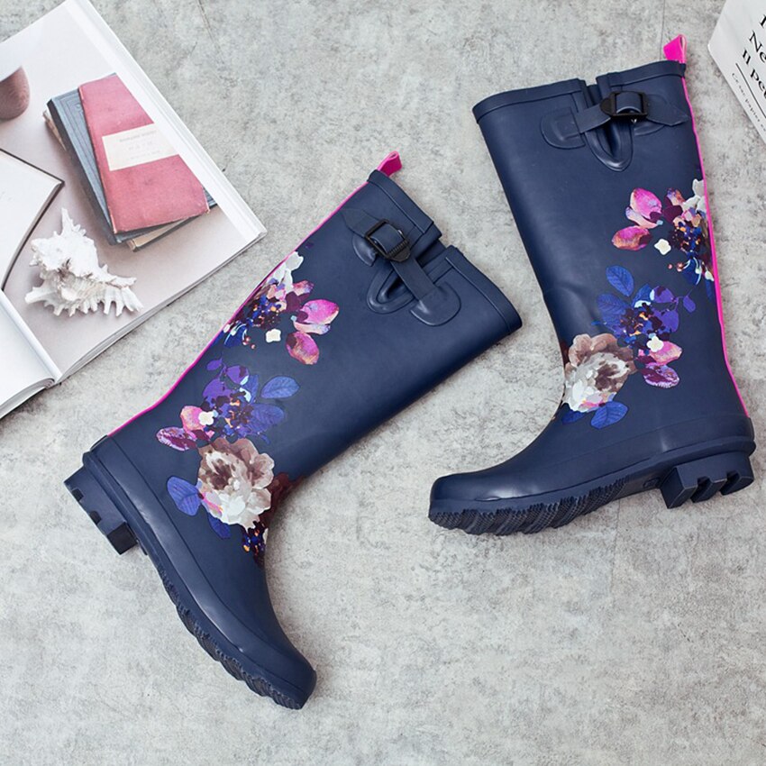 Las mujeres impermeable Botas de lluvia de longitud completa de bota Floral de jardín calzado para jardín zapatos antideslizantes zapatos de
