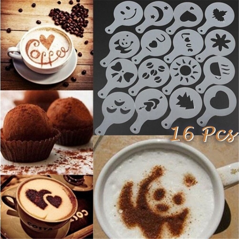 16 stuks plastic cappuccino-koffieschuimspray sjabloon koffiesjablonen diy decoratie koffie printmal barista gereedschap