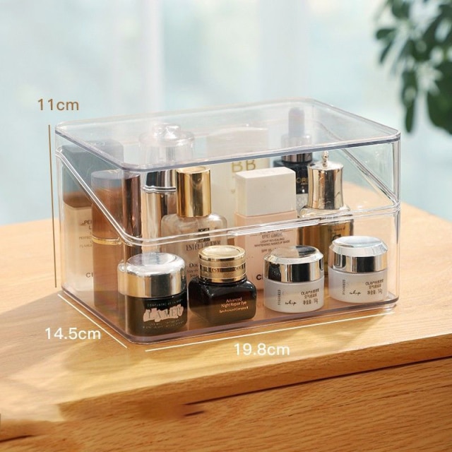 Caja de almacenamiento para baño, organizador de maquillaje de escritorio transparente con tapa, evita el polvo, adecuado para cosméticos, artículos de tocador, producto sanitario: Azul