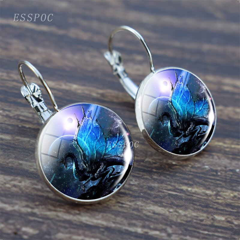 Pendientes de aro de para mujer, aretes de foto de dragón de Metal de Color plateado para mujer, de Navidad de vacaciones de , alas azules de dragón: 6