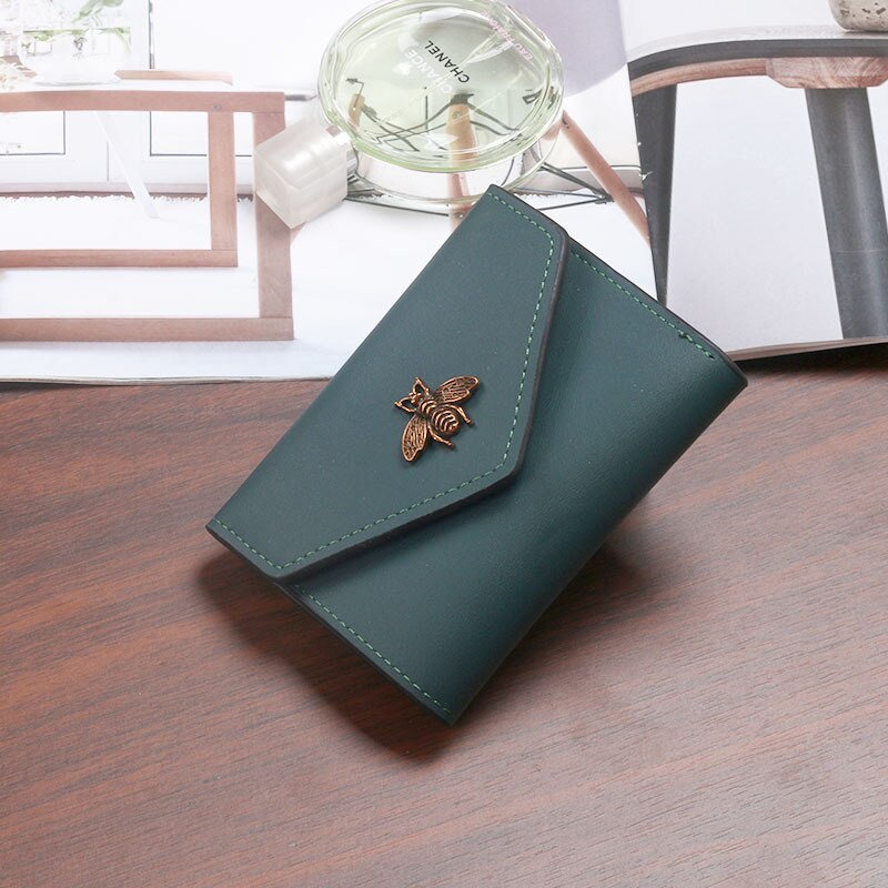 Bee Wallet Women Short Tri-Fold Small Purse Card Case Simple Ladies Female Style PU Leather: Green