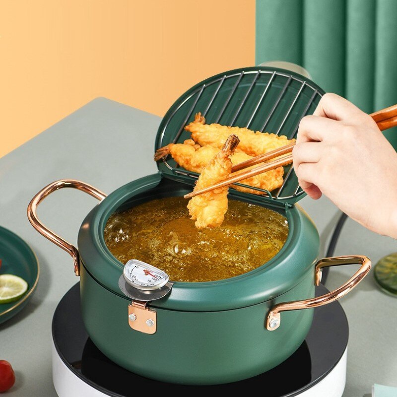 Stainless Steel Mini Japanese Deep Frying Pot With A Thermometer And A Lid 304 Kitchen Tempura Fryer Pan Kitchen Cookware