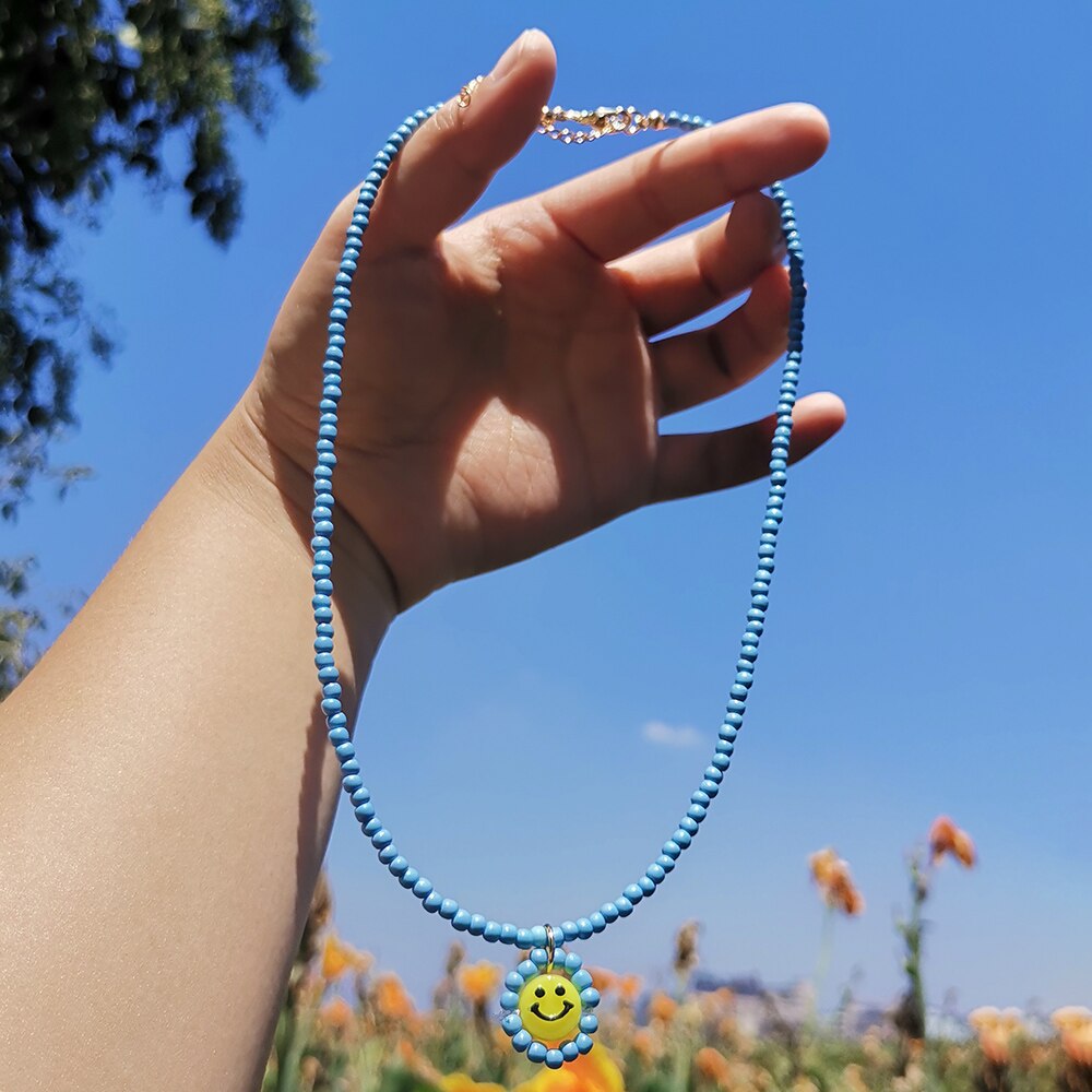 ZX de hecho a mano colorido cuentas de collar de Gargantilla de cadena lindo Similey cara colgante collares al por mayor, joyas de las mujeres Accesorios: blue