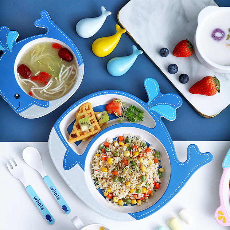 5 Pcs Dinnerware Set Bamboo Fun Flatware Set Cutlery Reusable Flatware with Plate Bowl Cup Spoon Fork Set KidsTableware Box