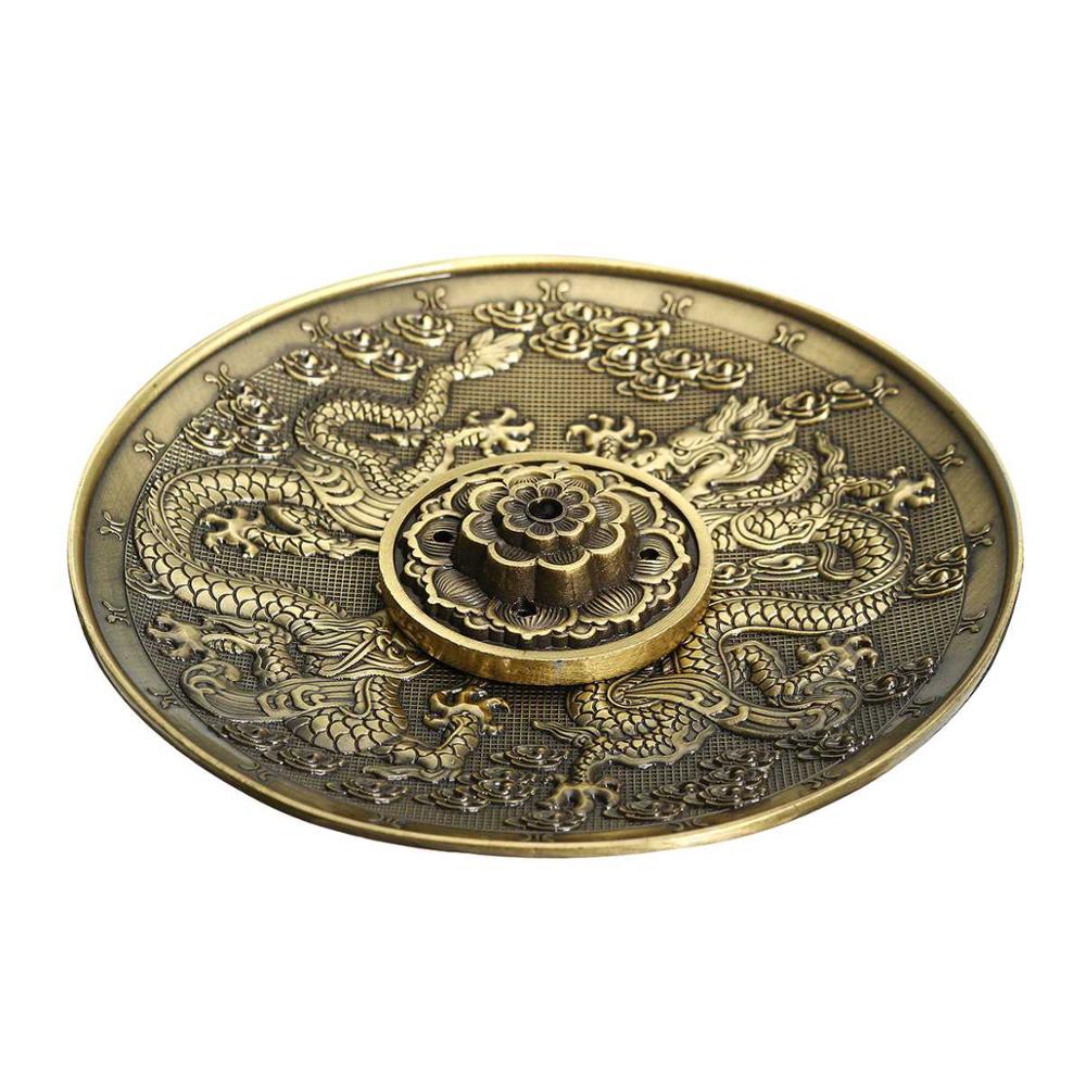 Retro 5 huller lotus røgelse brændere drage røgelse holder pind kegle røgelse tallerken buddhisme hjemmekontor dekoration håndværk: Dual dragons bronze