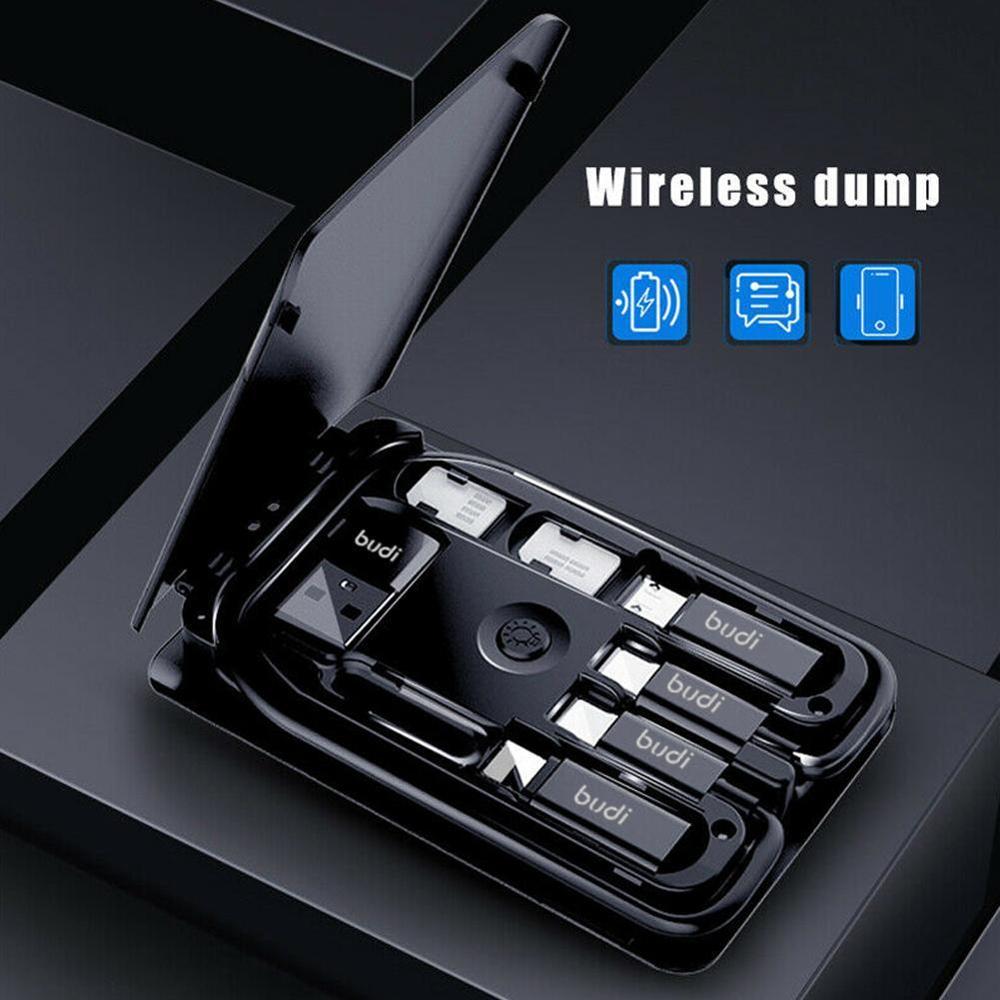 BUDI Multi-function Smart Adapter Card Storage Data Cable USB Box Universal Wireless Charger for iPhone Xiaomi Huawei