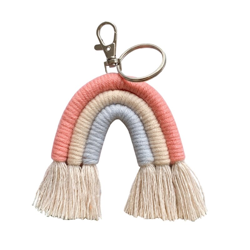 Macrame regnbue nøgleringe boho taske charms med kvaster håndvævet bomuldstilbehør til bilnøgle pung pung hængende dekoration: C