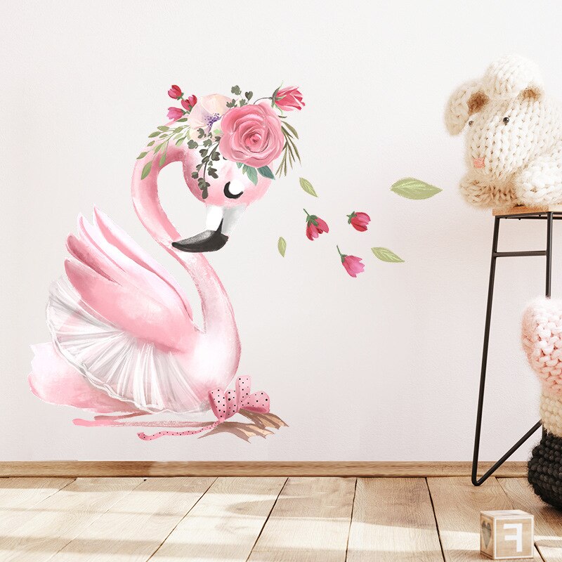 Cartoon Pink Swan Flower Wall Stickers Baby Kids Room Wall Decoration Wallpaper Girl Bedroom Living Room Nursery Stickers Decals